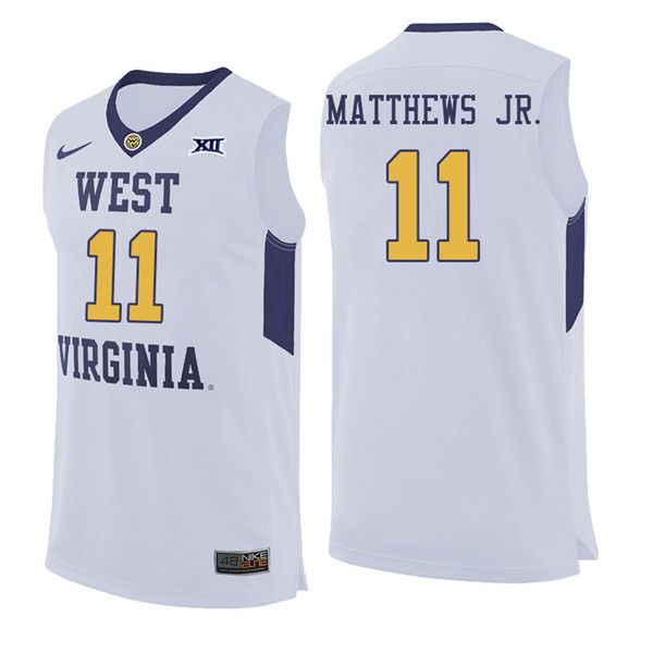 Men #11 Emmitt Matthews Jr. West Virginia Mountaineers College Basketball Jerseys Sale-White